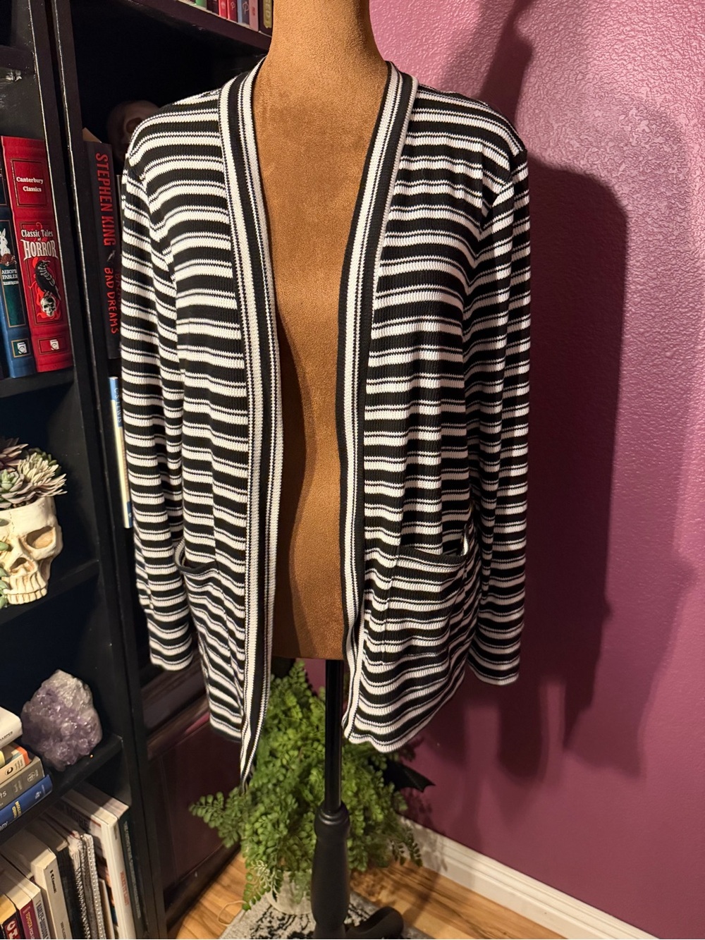 Notations Black & White Striped Open-Front Blazer